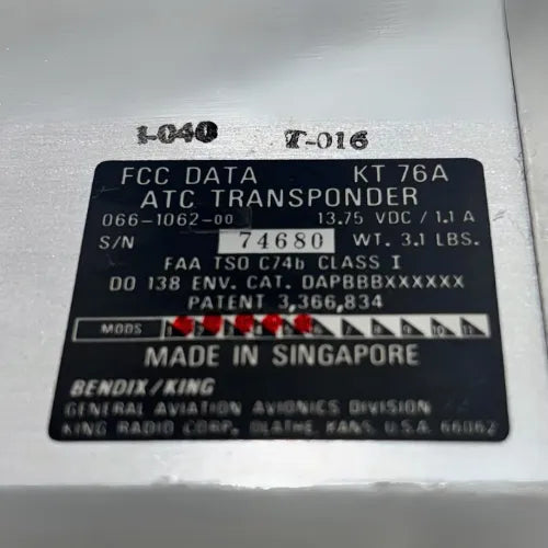 Bendix/King KT 76A Transponder | P/N 066-1062-00 | TSO C74b Class I